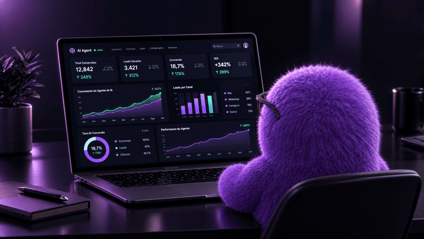Zil, a mascote da Zillox AI, acompanhando em um notebook o painel de conversas e leads